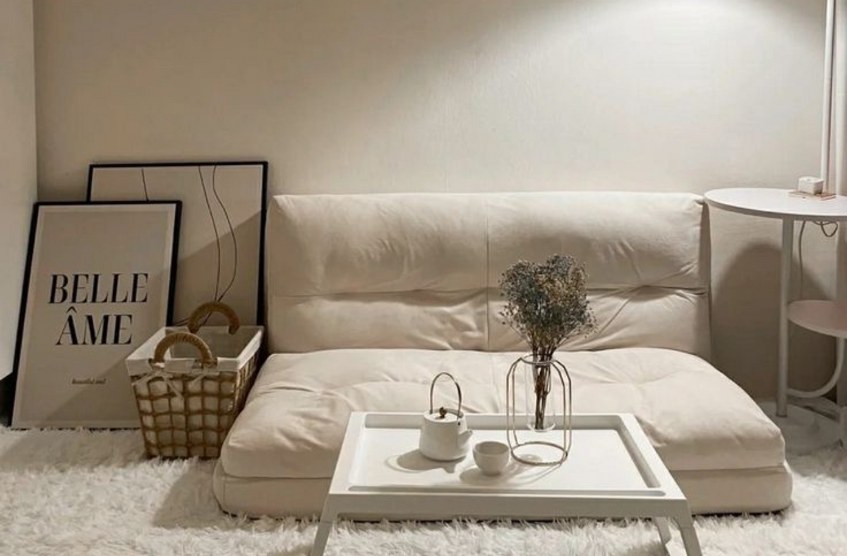 mini white cloud couch in bedroom