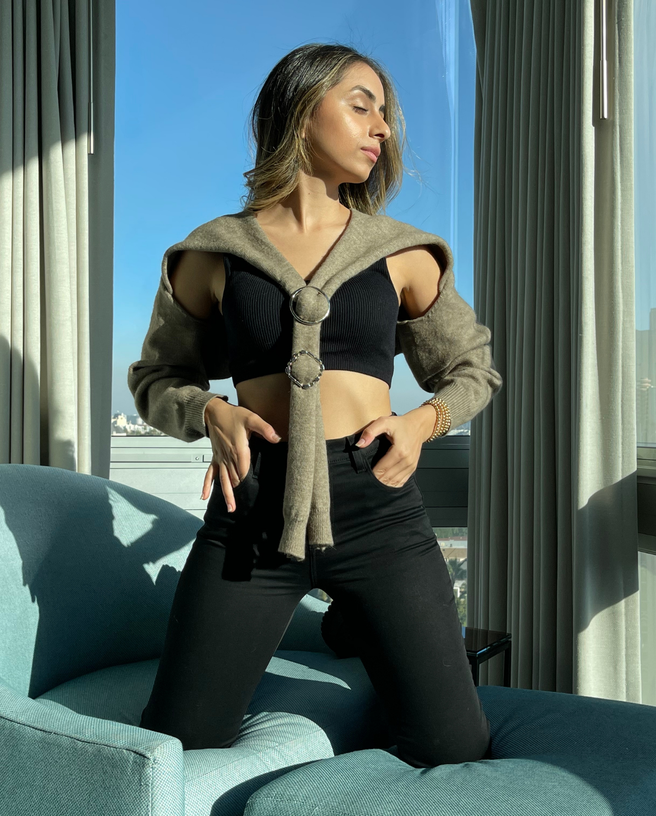 ARRO SCARF LONG SLEEVE TOP TAN (SAMPLE SALE)