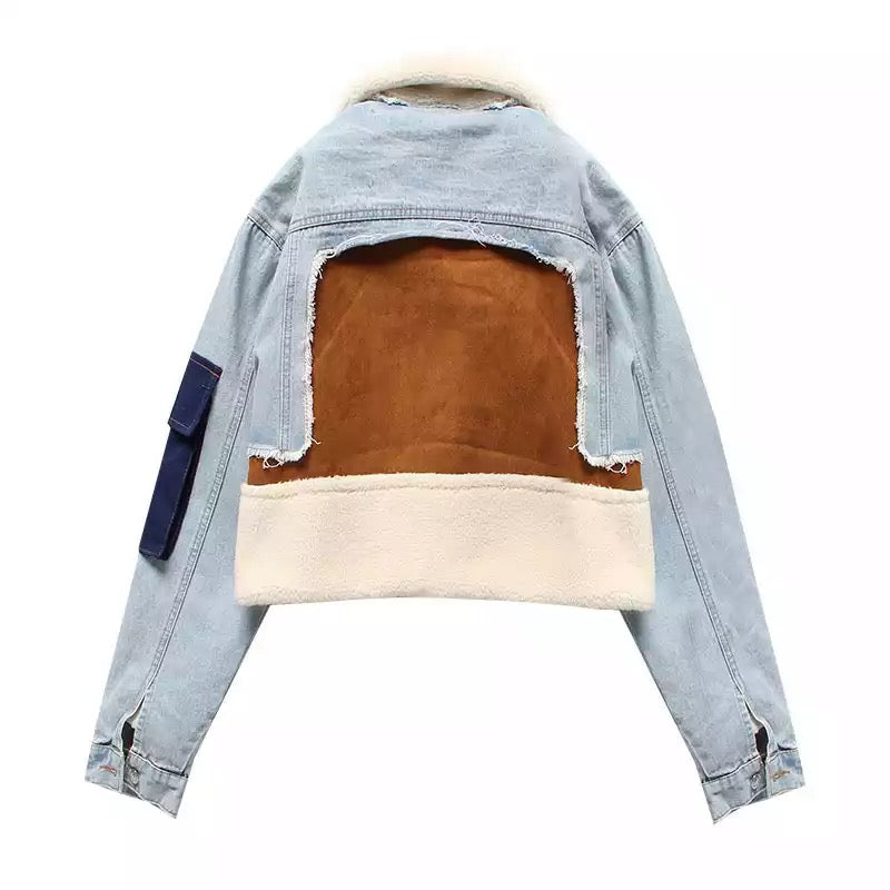 LESLIE PATCHWORK DENIM SHERPA JACKET