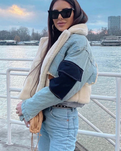 LESLIE PATCHWORK DENIM SHERPA JACKET