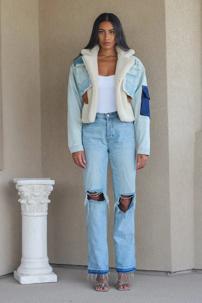 LESLIE PATCHWORK DENIM SHERPA JACKET