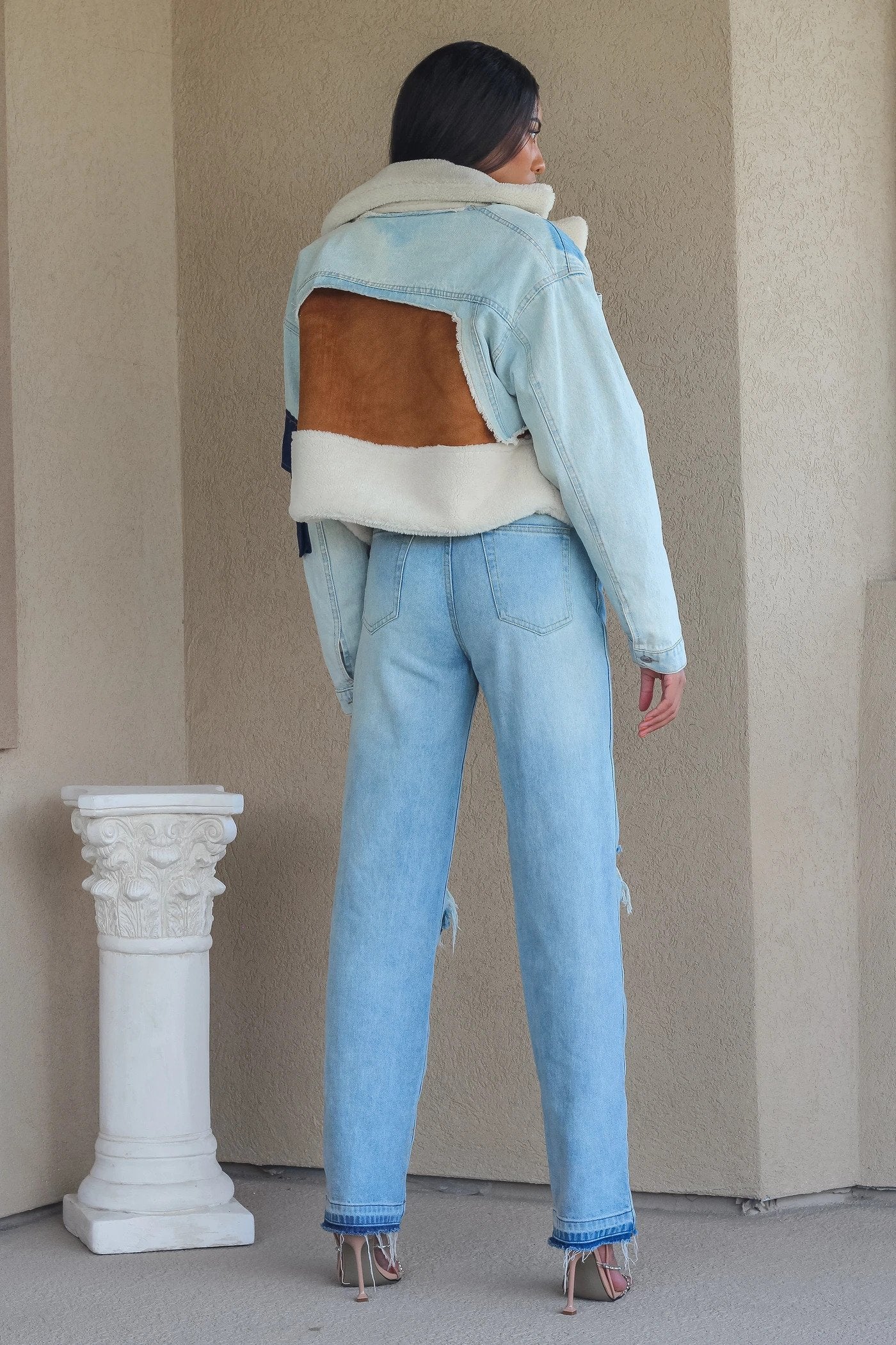 LESLIE PATCHWORK DENIM SHERPA JACKET