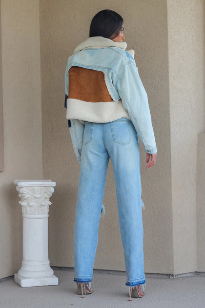 LESLIE PATCHWORK DENIM SHERPA JACKET